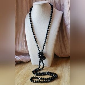 Vintage Black Glass Necklace Earrings 56" Long Faceted Beads
